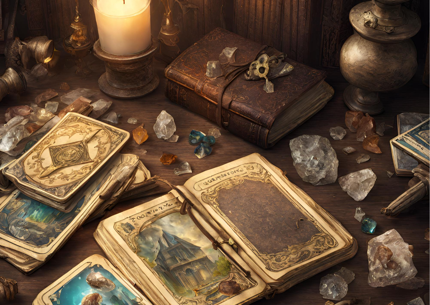 Tisch mit Tarotkarten, bunten Kristallen, einer brennenden Kerze und einem in Leder gebundenem Buch.