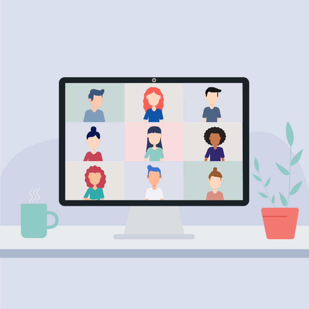 KI-generierter Bildschirm, der neun unterschiedlichen Personen in einem Online-Meeting anzeigt.
