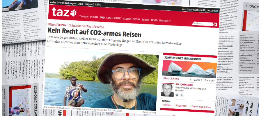 Ausschnitt eines Newsartikels der TAZ. "Kein Recht auf CO2-armes Reisen. Klimaforscher Grimalda verliert Prozess. Ihm wurde gekündigt, weil er nicht mit dem Flugzeug fliegen wollte. Nun erlit der Klimaforscher Grimalda auch vor dem Arbeitsgericht eine Niederlage.