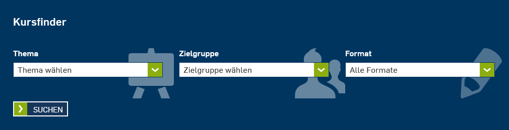 Screenshot des Kursfinders des Fortbildungsportals. Suchkategorien sind Thema, Zielgruppe und Format.
