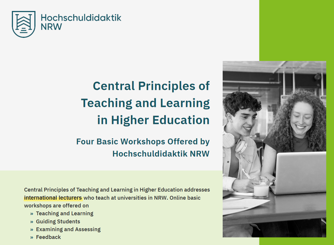 Screenshot zu Central Principles of Teaching and Learning in Higher Education - Four Basic Workshops Offered by Hochschuldidaktik NRW. Online workshops are offered on Teaching and Learning, Guiding Students, Examining and Assessing. and Feedback.