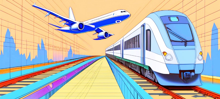 KI-generierte Darstellung eines Zuges auf Gleisen und eines Flugzeugs.