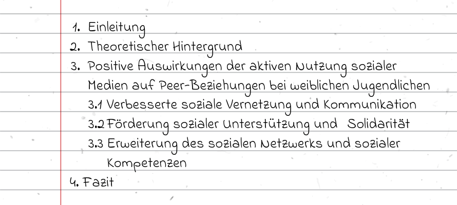 1. Einleitung, 2. Theoretischer Hintergrund, 3. Positive Auswirkungen der aktiven Nutzung sozialer Medien auf Peer-Beziehungen bei weiblichen Jugendlichen, 3.1 Verbesserte soziale Vernetzung und Kommunikation, 3.2 Förderung sozialer Unterstützung und Solidarität, 3.3 Erweiterung des sozialen Netzwerks und sozialer Kompetenzen, 4. Fazit.