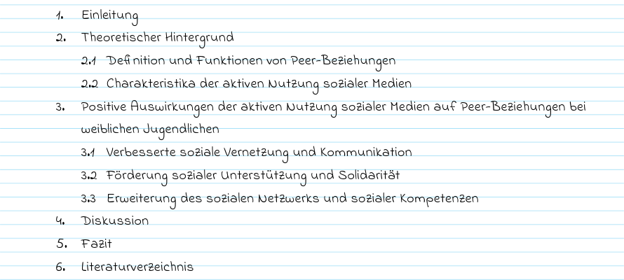 1. Einleitung, 2. Theoretischer Hintergrund, 2.1 Definition und Funktionen von Peer-Beziehungen, 2.2 Charakteristika der aktiven Nutzung sozialer Medien, 3. Positive Auswirkungen der aktiven Nutzung sozialer Medien auf Peer-Beziehungen bei weiblichen Jugendlichen, 3.1 Verbesserte soziale Vernetzung und Kommunikation, 3.2 Förderung sozialer Unterstützung und Solidarität, 3.3 Erweiterung des sozialen Netzwerks und sozialer Kompetenzen, 4. Diskussion, 5. Fazit, 6. Literaturverzeichnis.