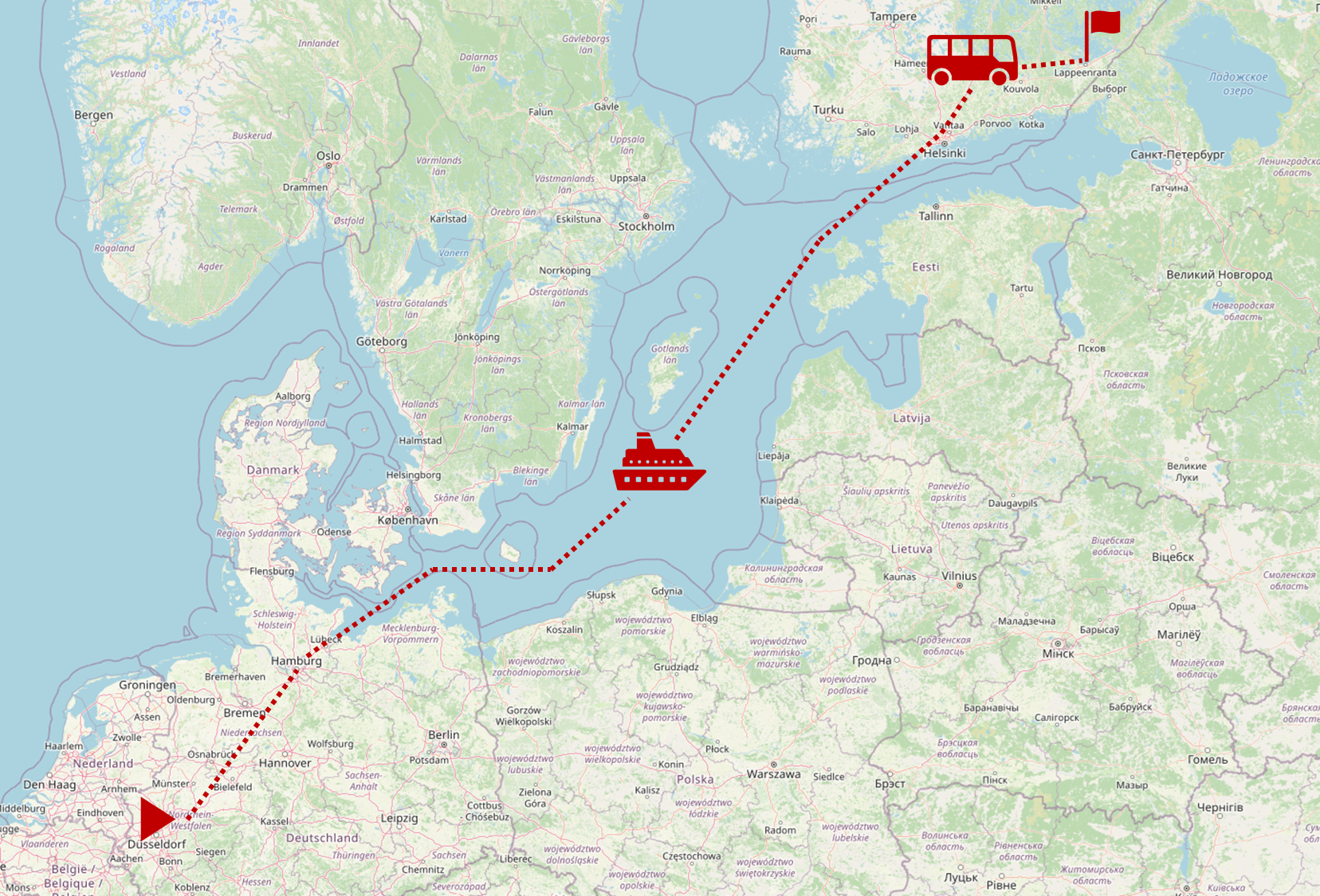 Reiseverlaufsgrafik (Atlaskarte) der Hinreise von Bochum nach Lappeenranta (Finnland). Gekennzeichnet sind Start- und Anunftsziel, sowie die Fortbewegungsmittel (Bus und Fähre).