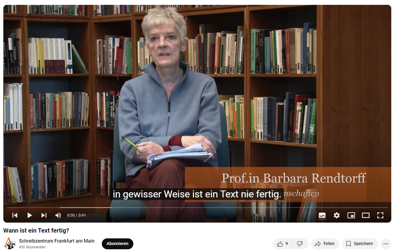 Screenshot der Interviewserie des Schreibzentrums der Goethe Universität mit dem Thema "Wann ist ein Text fertig?" - Wie die Prof(i)s Lesen und Schreiben.