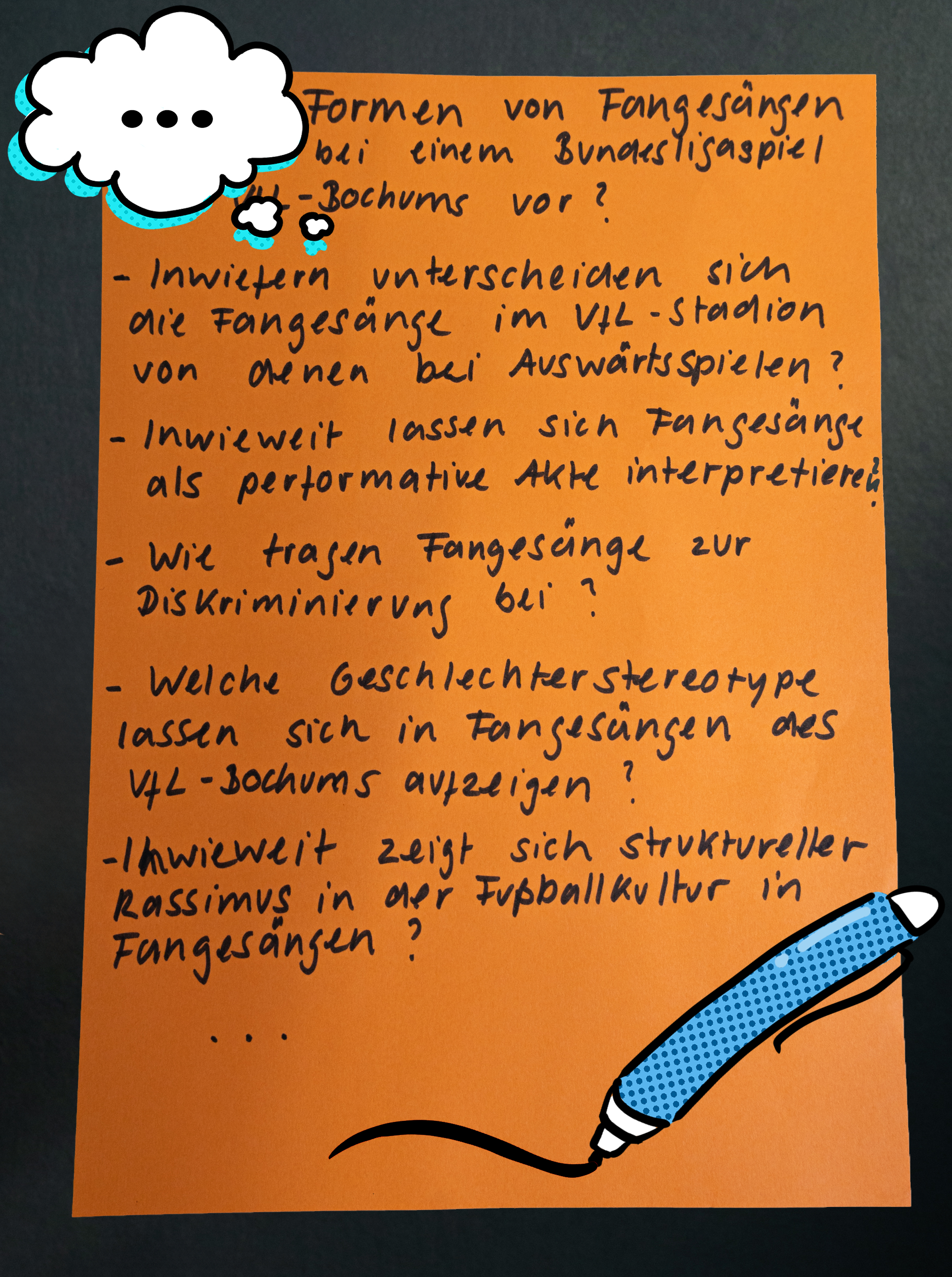 Orangefarbenes Plakat/ Poster mit Sammlung diverser Fragen.