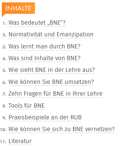 Screenshot des Lehreladen zur Rubrik BNE mit den Inhalten: Was bedeutet "BNE"?; Normativität und Emanzipation; Was lernt man durch BNE?; Was sind Inhalte von BNE?; Wie sieht BNE in der Lehre aus?; Wie können Sie BNE umsetzen?; Zehn Fragen für BNE in Ihrer Lehre; Tools für BNE; Praxisbeispiele; Wie können Sie sich zu BNE vernetzen?; Literatur.