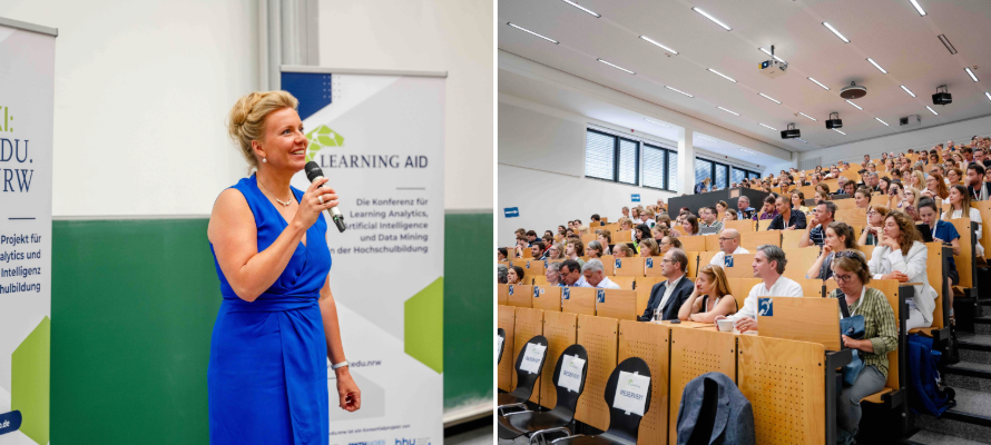 Fotocollage: Ministerin Ina Brandes spricht vor einem vollen Hörsaal.