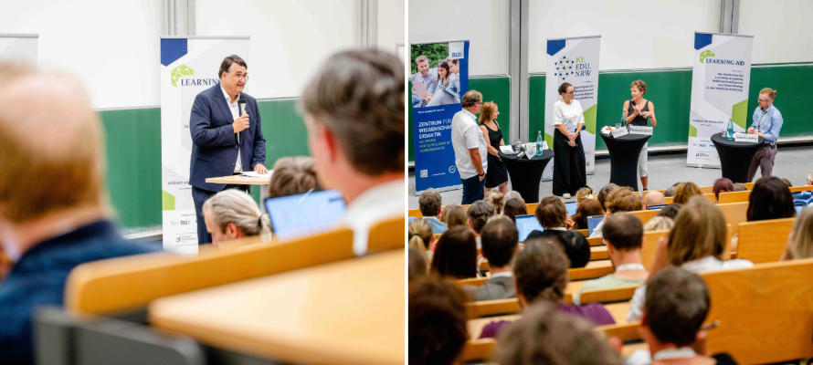 Fotocollage: Begrüßung durch Rektor Martin Paul und Podiumsdiskussion.