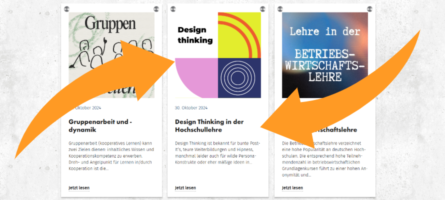 Im Vordergrund zwei orangene Pfeile. Im Hintergrund, die neuesten Beiträge eines Fokusthemas des neuen Lehreladens. Gruppenarbeit und -dynamik, Design Thinking in der Hochschullehre, Lehre in der Betriebwirtschaftslehre.