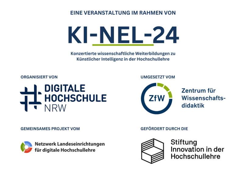 Das Symposium wurde veranstaltet im Rahmen von KI-NEL-24. Organisator war die Digitale Hochschule NRW. Umgesetzt vom ZfW. Ein gemeinsames Projekt des Netzwerks Landeseinrichtungen für digitale Hoschullehre und gefördert durch die Stiftung Innovation in der Hochschullehre.