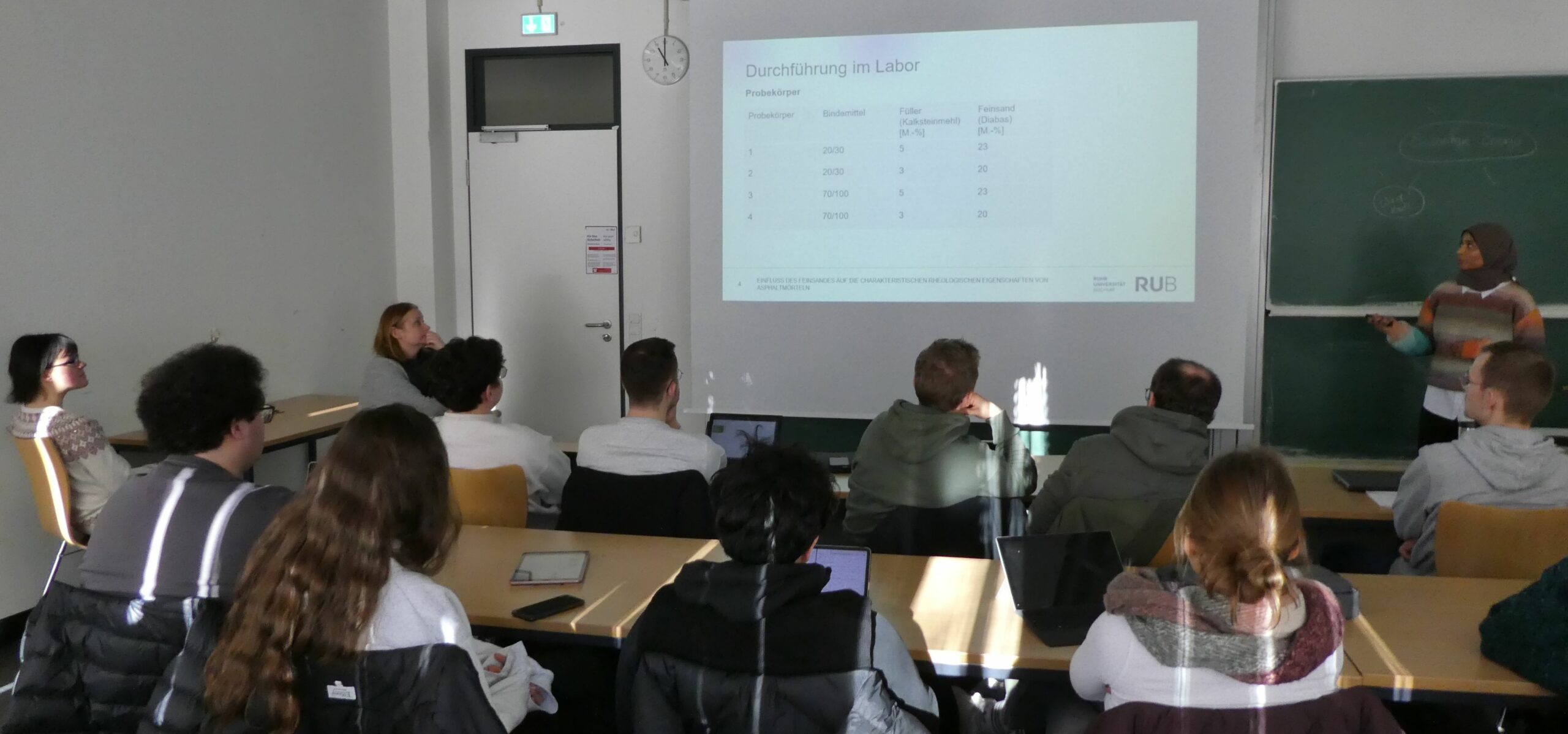 Gruppe von Studierenden sitzt vor einer Leinwand auf die ein Beamer Informationen projeziert.