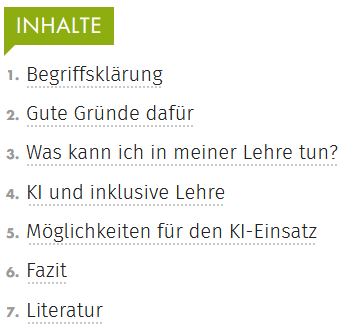 Inhaltsangabe: 1. Begriffsklärung 2. Gute Gründe dafür 3. Was kann ich in meiner Lehre tun? 4. KI und inklusive Lehre 5. Möglichkeiten für den Ki-Einsatz 6. Fazit 7. Literatur
