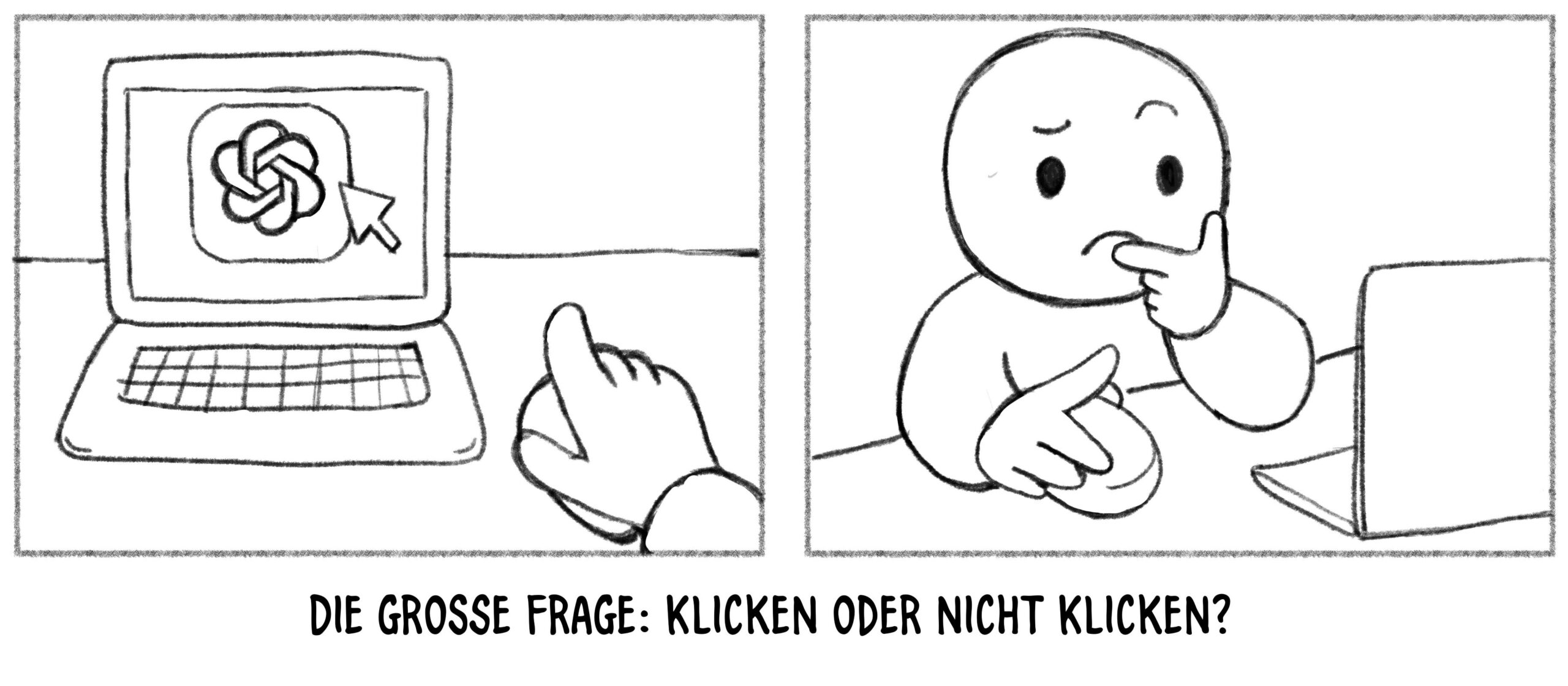 Karikatur einer Person die überlegt, ob sie auf einen Computerbildschirm klicken soll.