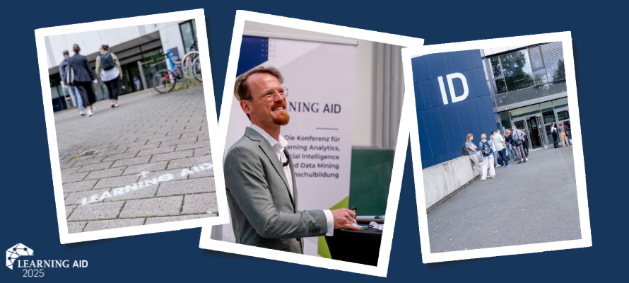 Drei Ausschnitte der Learning Aid 2025. Links: Gruppe von Menschen die in Richtung des Austragungsortes der Learning Aid gehen. In der Mitte: Jonas Leschke steht am Podium und spricht zur Öffentlichkeit. Rechts: Gruppe von Menschen die Menschen, die vor dem Eingang des ID Gebäudes der Ruhr-Universität Bochum stehen.