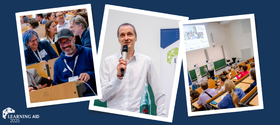 Drei Ausschnitte der Learning Aid 2025. Links: ein Hörsaal mit Menschen. In der Mitte: Dr. Peter Salden hät ein Mikrofon in der Hand hält und spricht zum Publikum. Rechts: Rückseite eines Hörsaals, Menschen dem Betrachter mit dem Rücken zugewandt.