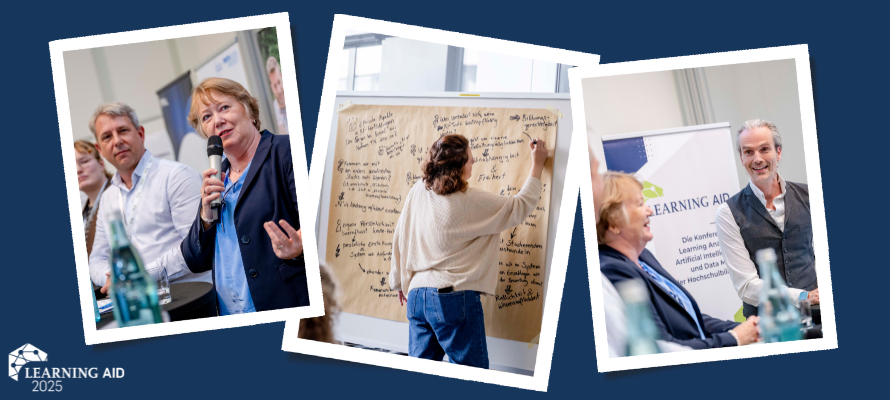 Drei Ausschnitte der Learning Aid 2025. Links: eine Person hält ein Mikrofon und spricht. In der Mitte: eine andere Person schreibt Notizen auf ein großes Blatt Papier. Rechts: mehrere Personen scheinen an einem Gespräch teilzunehmen.