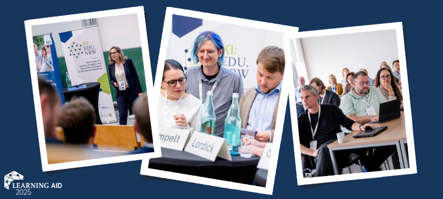 Drei Ausschnitte der Learning Aid 2025. Links: eine Referentin, die vor einem Publikum spricht.In der Mitte: eine Podiumsdiskussion mit mehreren Personen. Rechts: Teilnehmer, die aufmerksam einem Vortrag folgen.