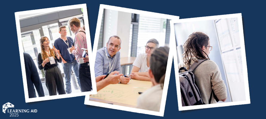 Drei Ausschnitte der Learning Aid 2025. Links: eine Gruppe von Menschen, die sich unterhalten und Kaffee trinken. In der Mitte: eine Diskussionsszene an einem Tisch zu sehen, wo Teilnehmer an einem Brainstorming oder einer Präsentation teilnehmen. Rechts: eine Person, die ein Informationsboard betrachtet.