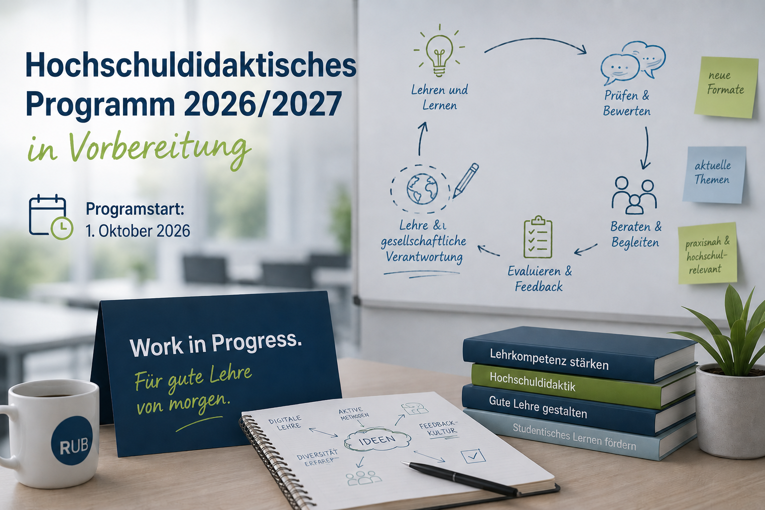 Ein Schreibtisch mit Büchern und einer Arbeit an einem Fortbildungsprogramm, das noch nicht fertig ist