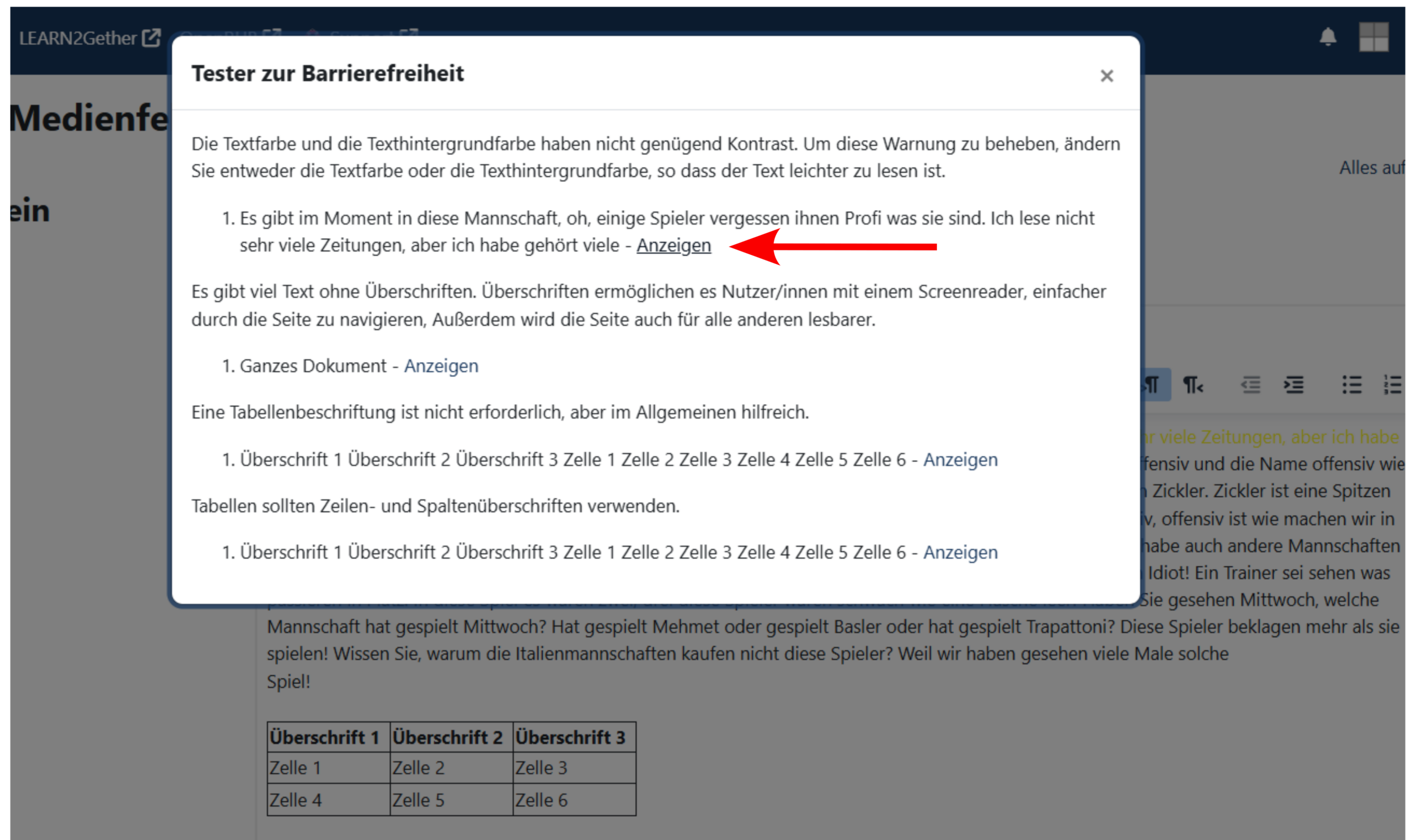 Beispielbild Moodle Barrierefreiheitsprüfung